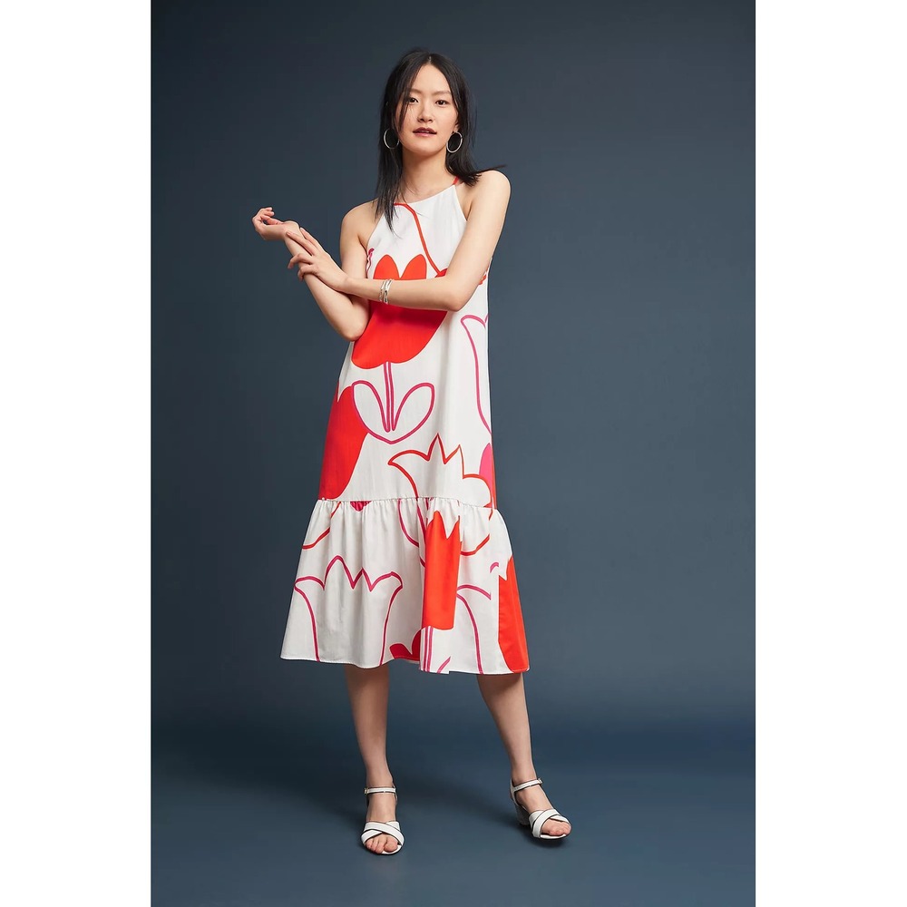 Corey Lynn Calter Tulip Floral Midi Dress Romantic Tiered Medium Event Artsy